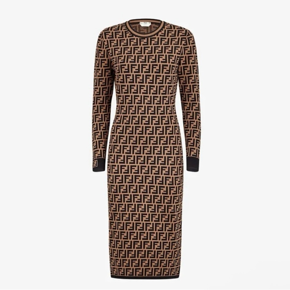 FENDI Brown & Black FF Monogram Long Sleeved Knit Dress size 6 (NWT)